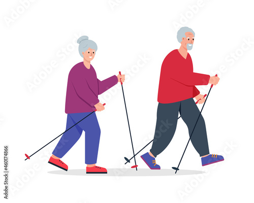 Elderly couple with nordic walking poles