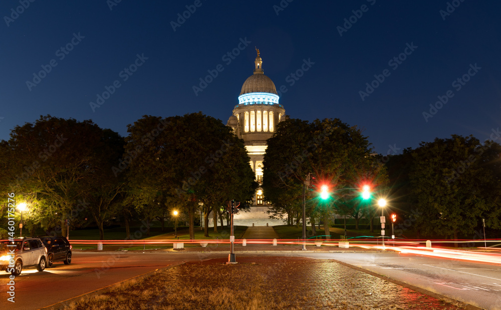 Light trails in front of the Rhode Island State Capital