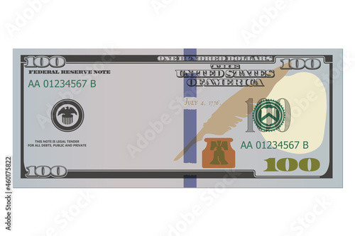 One hundred dollars in new design without a portrait of Franklin. 100 dollars banknote. Template or mock up for a souvenir. Vector illustration isolated on a white background