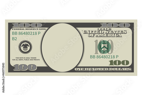 One hundred dollars in old design without a portrait of Franklin. 100 dollars banknote. Template or mock up for a souvenir. Vector illustration isolated on a white background