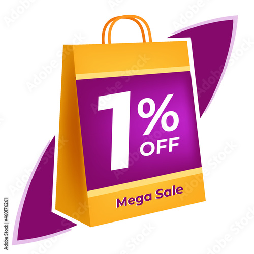 1 percent off. 3D Yellow shopping bag concept in white background.