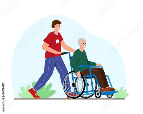 Social care for the elderly. Young volunteer help senior man in weelchair