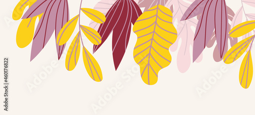 Floral web banner with drawn color exotic leaves. Nature concept design. Modern floral compositions with summer branches. Vector illustration on the theme of ecology, natura, environment