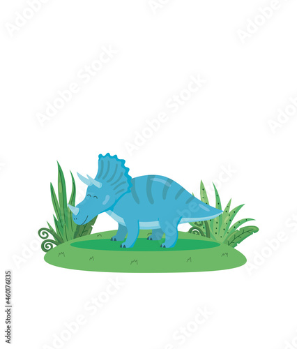 Cute vector triceratops on the grass isolated on a white background. Colorful cartoon illustration funny dinosaur prehistoric animal of the Jurassic period. 