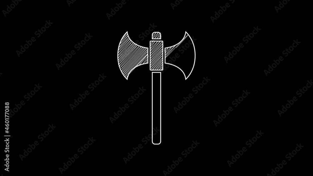 White line Medieval axe icon isolated on black background. Battle axe, executioner axe. 4K Video motion graphic animation White line Medieval axe icon isolated on black background. Battle axe, executioner axe. 4K Video motion graphic animation