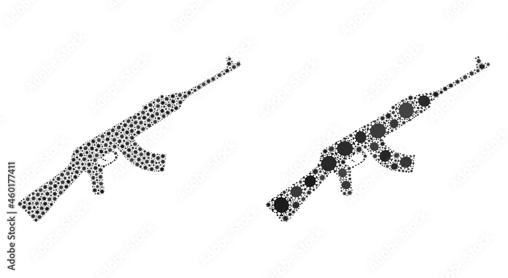 Vector covid-2019 mosaic kalashnikov gun constructed for lockdown projects. Mosaic kalashnikov gun is based on icon and it is made with biological hazard covid infection elements. Vector covid-2019 mosaic kalashnikov gun constructed for lockdown projects. Mosaic kalashnikov gun is based on icon and it is made with biological hazard covid infection elements.