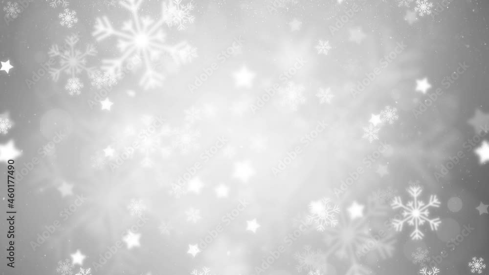 Beautiful silver white colored blurry snow bokeh with snowflakes and stars slow motion background. Christmas and New Year copy space decoration animation. Beautiful silver white colored blurry snow bokeh with snowflakes and stars slow motion background. Christmas and New Year copy space decoration animation.