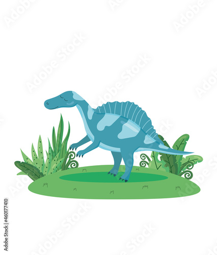 Cute vector spinosaurus on the grass isolated on a white background. Colorful cartoon illustration funny dinosaur prehistoric animal of the Jurassic period. 
