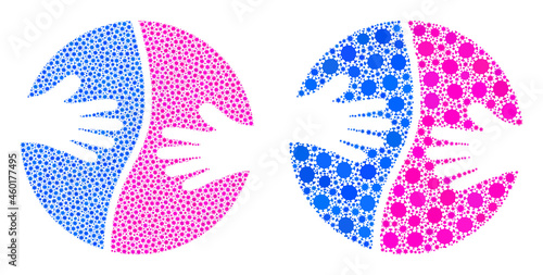 Vector covid collage cooperation hands organized for pandemic purposes. Mosaic cooperation hands is based on icon and it is designed of biohazard covid-2019 viral icons.