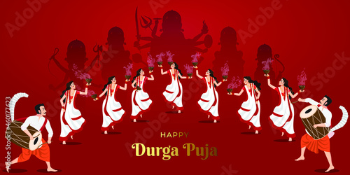Illustration of ladies in Happy Durga puja and Playing Dhunuchi Nach in beats of dhak meaning Dance with fire ,subho bijoya