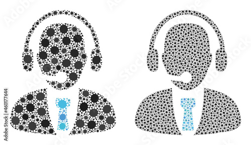Vector coronavirus mosaic call center operator created for medicare posters. Mosaic call center operator is based on icon and it is formed with biological hazard flu pathogen items.