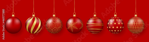 Christmas and New Year decoration. Set of red glass balls with gold ornaments. 3d realistic vector illustration.