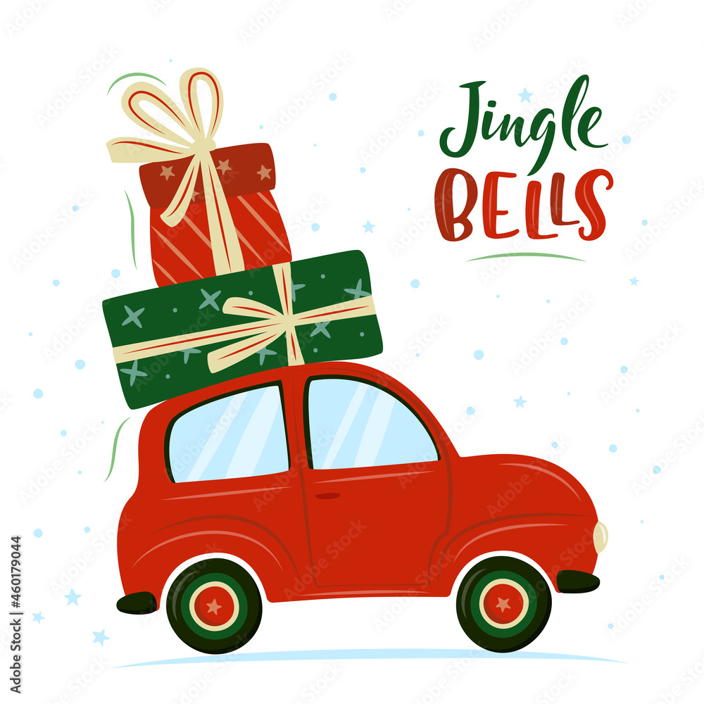Red retro car with Christmas or New Year gifts. Little classic car carrying X-mas present boxes on its rack. Vector illustration in cartoon style. Christmas card