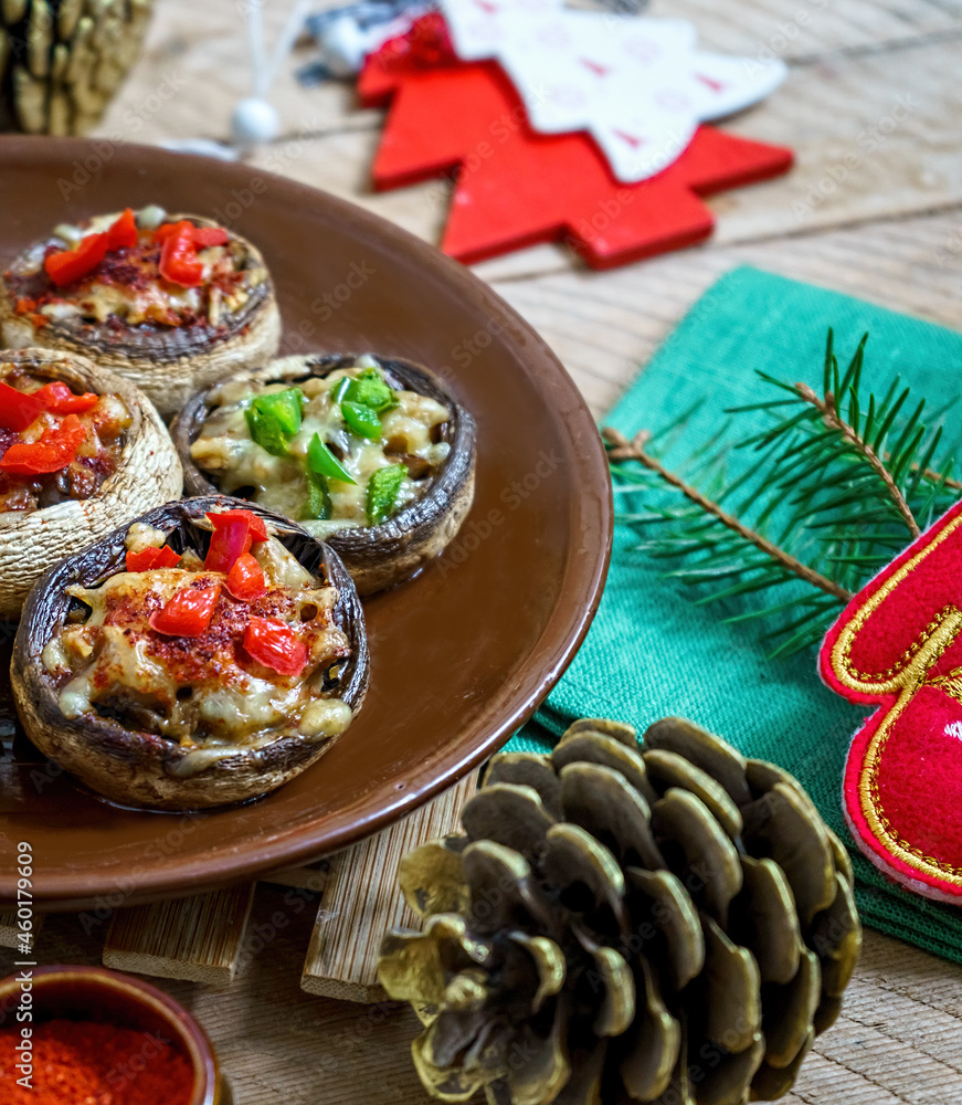 stuffed mushrooms with Christmas decoration around