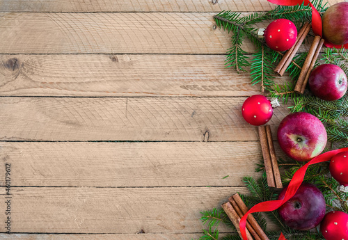 Background from old wooden planks with christmas decorations