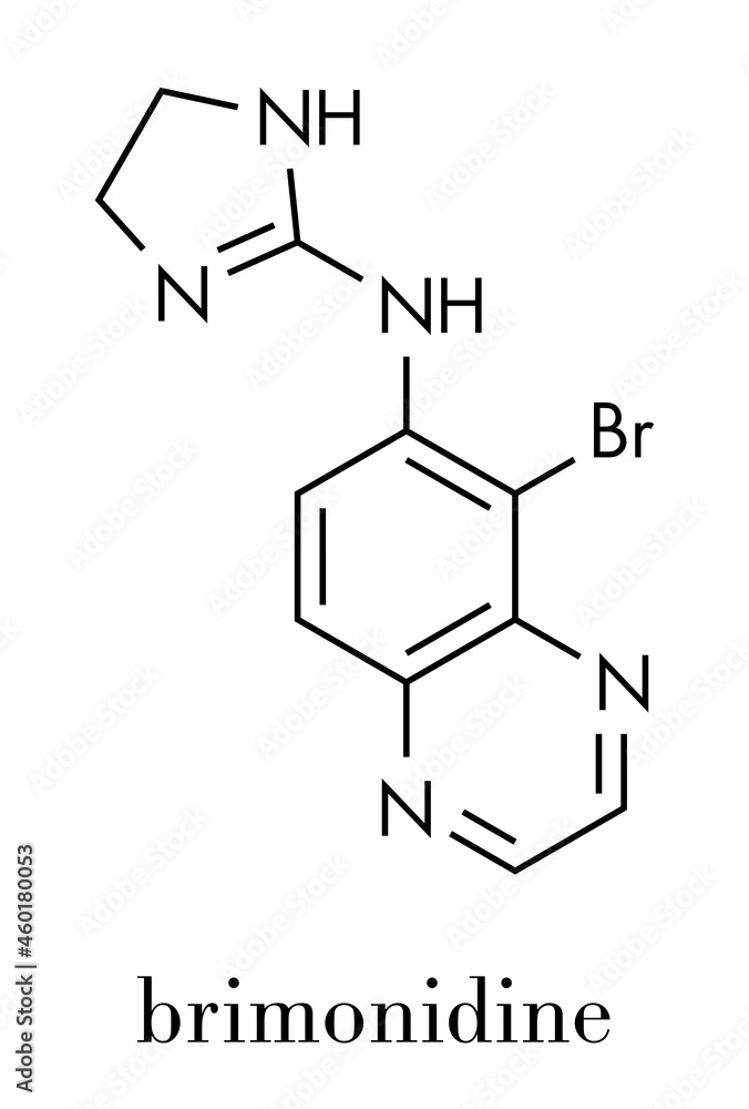 Brimonidine alpha2-adrenergic drug molecule. Used in treatment of open-angle glaucoma, ocular hypertension and rosacea. Skeletal formula.