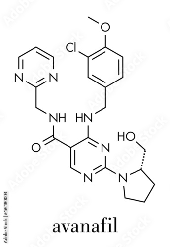 Avanafil erectile dysfunction drug molecule. PDE5 inhibitor used in treatment of impotence. Skeletal formula.