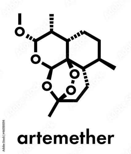 Artemether malaria drug molecule. Active against schizonts of Plasmodium falciparum and vivax. Methyl ether derivative of artemisinin. Skeletal formula.
