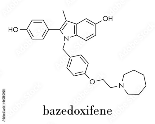 Bazedoxifene postmenopausal osteoporosis prevention drug molecule. Selective estrogen receptor modulator (SERM). Skeletal formula.