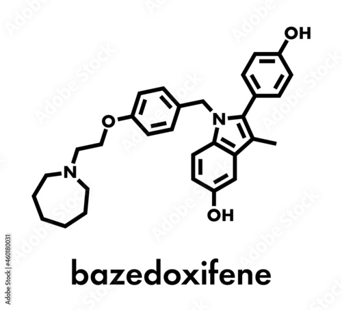 Bazedoxifene postmenopausal osteoporosis prevention drug molecule. Selective estrogen receptor modulator (SERM). Skeletal formula.