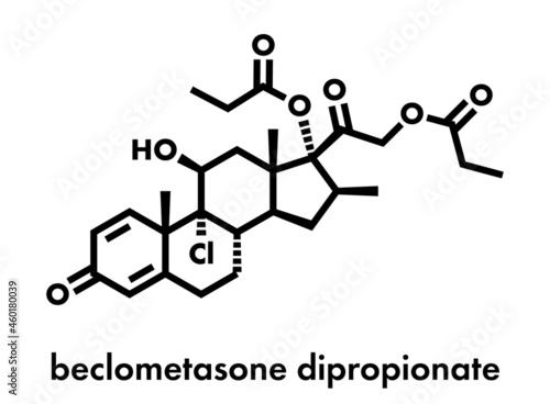 Beclometasone dipropionate glucocorticoid drug molecule. Prodrug of beclometasone. Used in prophylaxis of asthma and treatment of inflammatory skin diseases such as eczema. Skeletal formula.