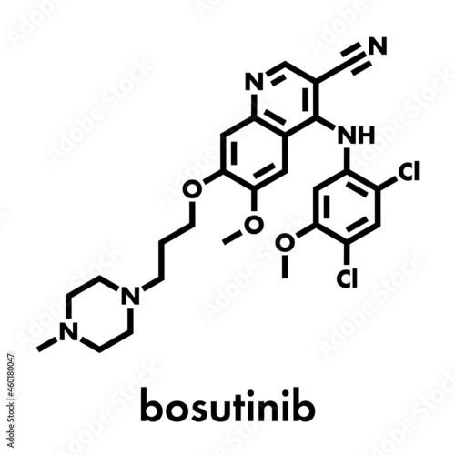 Bosutinib chronic myelogenous leukemia (CML) drug molecule. Tyrosine kinase inhibitor targeting Bcr-Abl and SRc family kinase. Skeletal formula.