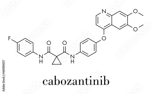 Cabozantinib cancer drug molecule. Inhibitor of c-Met and VEGFR2 tyrosine kinases, used in treatment of medullary thyroid cancer. Skeletal formula.