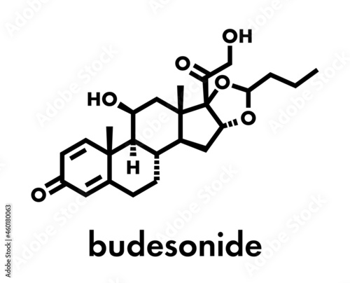 Budesonide corticosteroid drug. Used in treatment of COPD, asthma, ulcerative colitis, hay fever, Crohn's disease, etc. Skeletal formula.