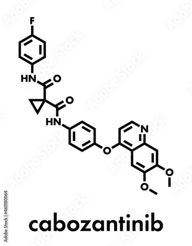 Cabozantinib cancer drug molecule. Inhibitor of c-Met and VEGFR2 tyrosine kinases, used in treatment of medullary thyroid cancer. Skeletal formula.