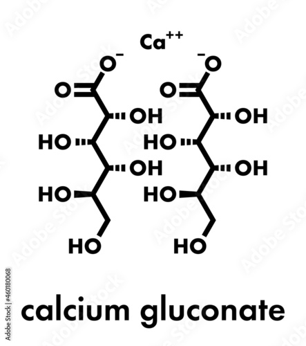 Calcium gluconate drug. Soluble form of Ca, used to treat magnesium overdose, hypocalcemia and hydrofluoric acid (HF) burns. Skeletal formula.