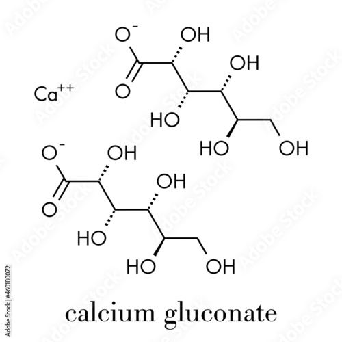 Calcium gluconate drug. Soluble form of Ca, used to treat magnesium overdose, hypocalcemia and hydrofluoric acid (HF) burns. Skeletal formula.