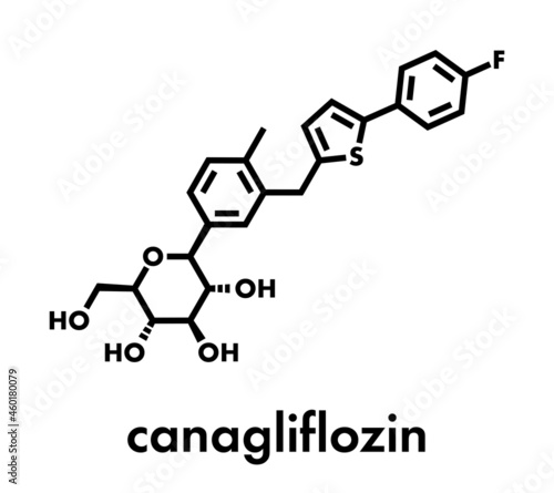 Canagliflozin diabetes drug molecule. SGLT2 inhibitor used in treatment of type II diabetes. Skeletal formula.
