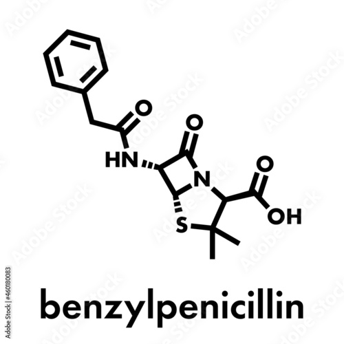 Penicillin G (benzylpenicillin) antibiotic drug molecule. Used to treat bacterial infections; belongs to beta-lactam class. Skeletal formula.