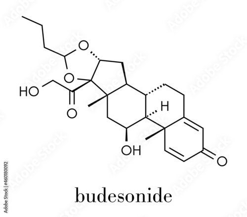 Budesonide corticosteroid drug. Used in treatment of COPD, asthma, ulcerative colitis, hay fever, Crohn's disease, etc. Skeletal formula.