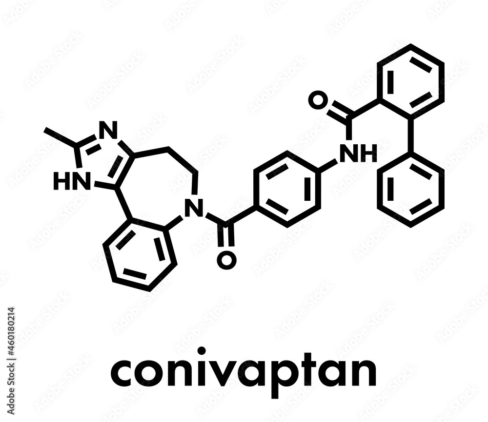 Conivaptan hyponatremia drug molecule. Inhibitor of vasopressin receptors V1a and V2 Skeletal formula. Conivaptan hyponatremia drug molecule. Inhibitor of vasopressin receptors V1a and V2 Skeletal formula.
