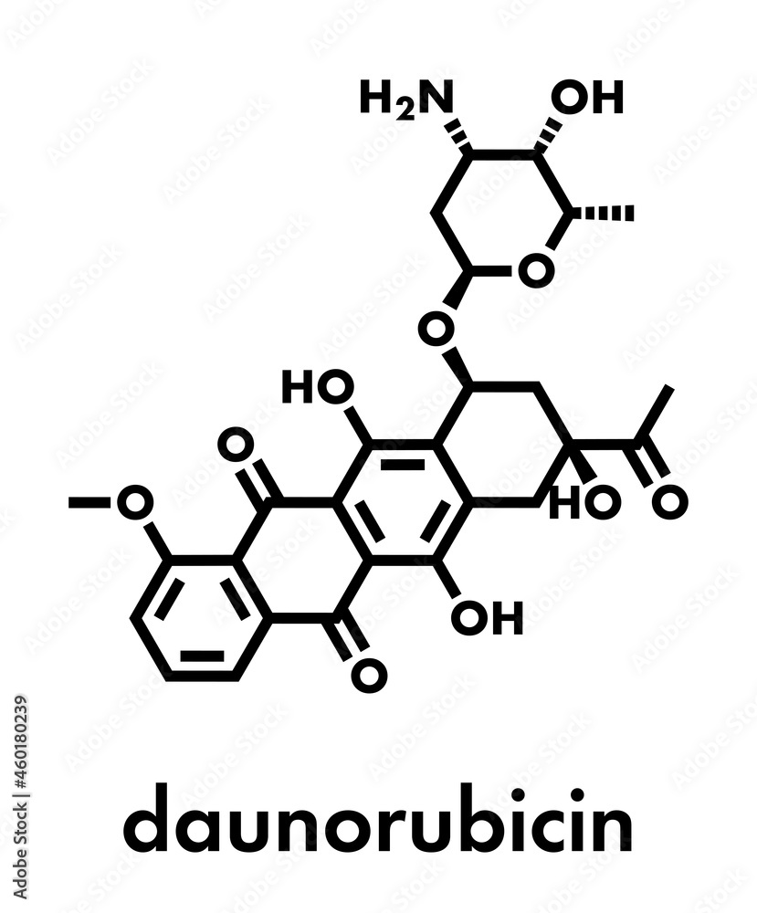 Daunorubicin (daunomycin) cancer chemotherapy drug molecule. Skeletal formula. Daunorubicin (daunomycin) cancer chemotherapy drug molecule. Skeletal formula.
