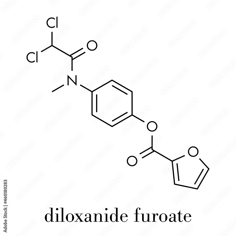 Diloxanide furoate amoebiasis drug molecule. Used in treatment of Entamoeba histolytica infections. Skeletal formula.