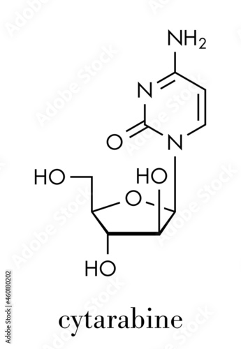 Cytarabine (cytosine arabinoside, Ara-C) chemotherapy drug molecule. Used in treatment of acute myeloid leukemia (AML), acute lymphocytic leukemia (ALL) and lymphoma. Skeletal formula.