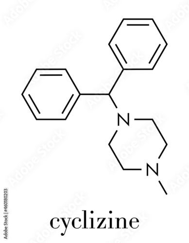 Cyclizine antiemetic drug molecule. Antihistamine used to treat nausea and vomiting. Skeletal formula.