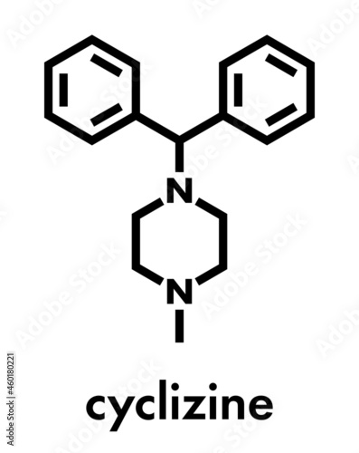 Cyclizine antiemetic drug molecule. Antihistamine used to treat nausea and vomiting. Skeletal formula.