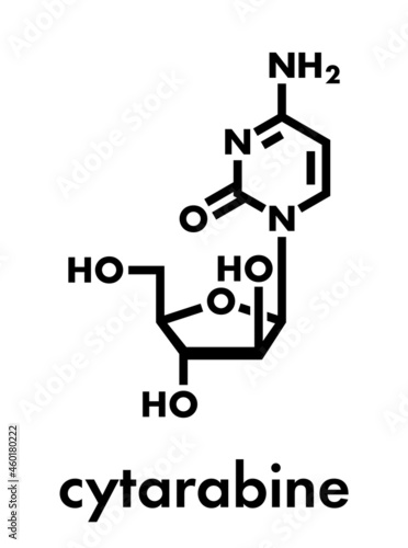 Cytarabine (cytosine arabinoside, Ara-C) chemotherapy drug molecule. Used in treatment of acute myeloid leukemia (AML), acute lymphocytic leukemia (ALL) and lymphoma. Skeletal formula.