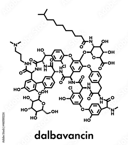 Dalbavancin glycopeptide antibiotic drug molecule. Used in treatment Staphylococcus aureus and Streptococcus pyogenes infections. Skeletal formula.