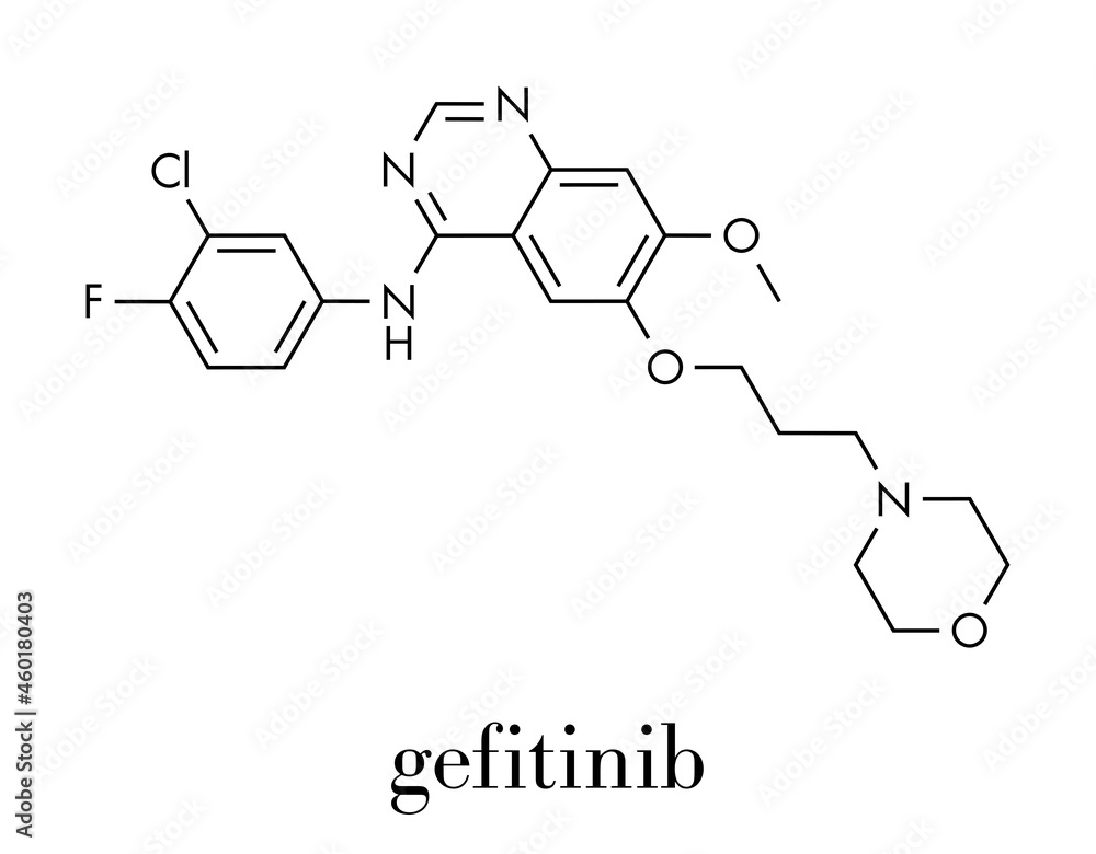 Gefitinib cancer drug molecule. Inhibitor of the epidermal growth factor receptor (EGFR). Skeletal formula.