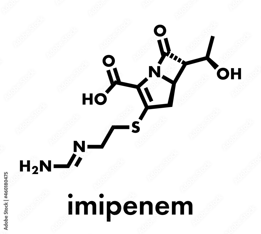 Imipenem antibiotic drug molecule. Belongs to carbapenem class. Skeletal formula. Imipenem antibiotic drug molecule. Belongs to carbapenem class. Skeletal formula.