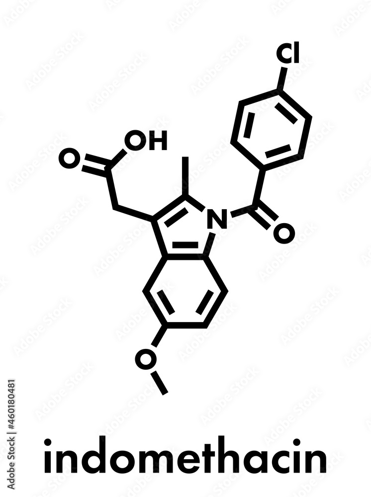 Indomethacin (indometacin) non-steroidal anti-inflammatory drug (NSAID) molecule. Skeletal formula. Indomethacin (indometacin) non-steroidal anti-inflammatory drug (NSAID) molecule. Skeletal formula.