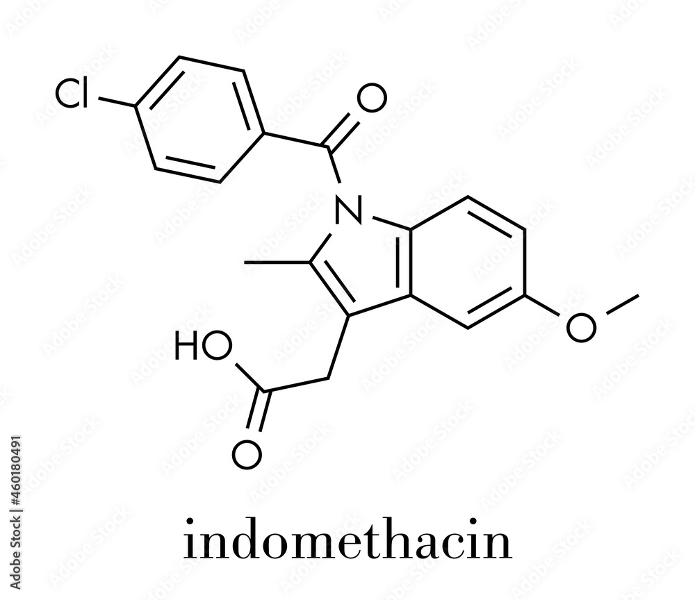 Indomethacin (indometacin) non-steroidal anti-inflammatory drug (NSAID) molecule. Skeletal formula. Indomethacin (indometacin) non-steroidal anti-inflammatory drug (NSAID) molecule. Skeletal formula.