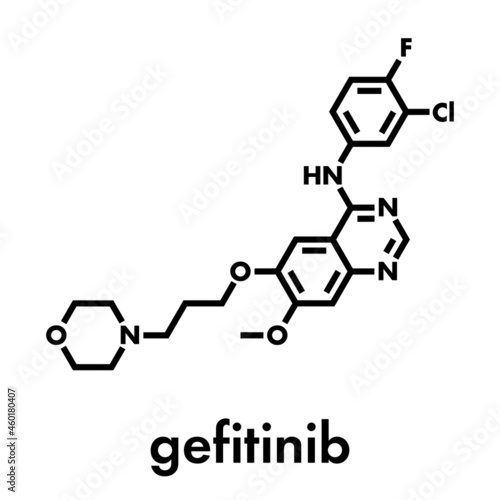 Gefitinib cancer drug molecule. Inhibitor of the epidermal growth factor receptor  EGFR . Skeletal formula.