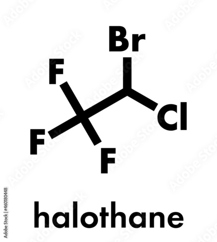 Halothane general anesthetic drug molecule. Skeletal formula.