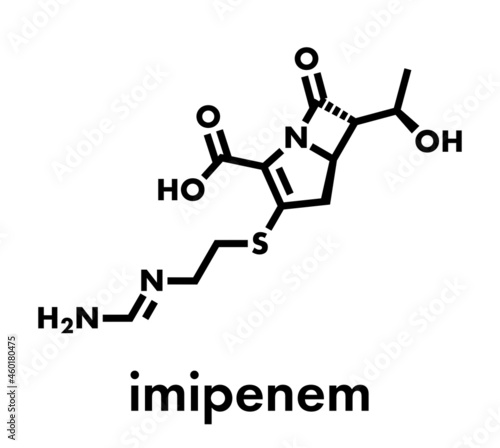 Imipenem antibiotic drug molecule. Belongs to carbapenem class. Skeletal formula.