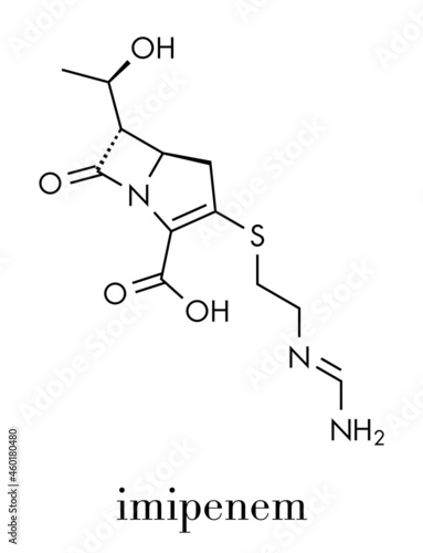 Imipenem antibiotic drug molecule. Belongs to carbapenem class. Skeletal formula.